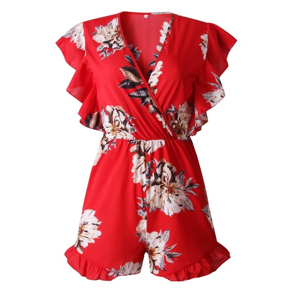 ♦️🆕 Floral V Neck Ruffled Romper Red - Picture 4 of 6